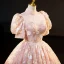 Flower Fairy Charming Blushing Pink Beading Sequins Flower Prom Dresses 2023 Ball Gown High Neck Short Sleeve Backless Floor-Length / Long Formal Dresses
