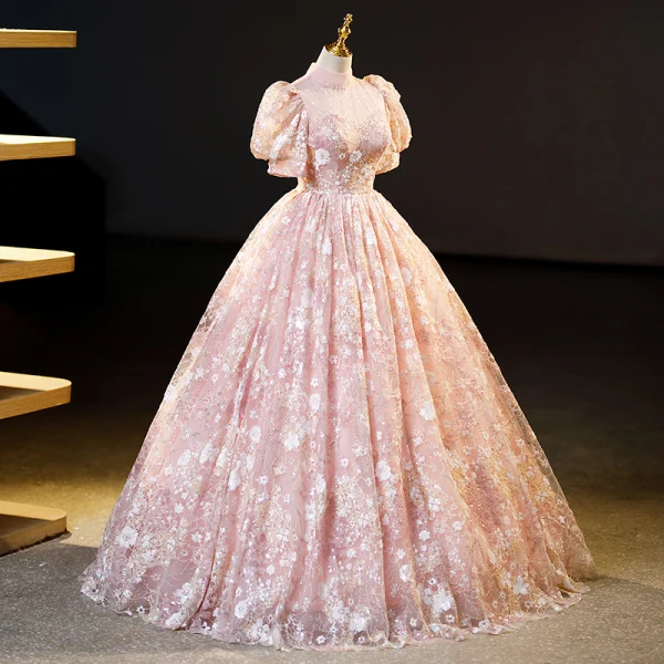 Flower Fairy Charming Blushing Pink Beading Sequins Flower Prom Dresses 2023 Ball Gown High Neck Short Sleeve Backless Floor-Length / Long Formal Dresses