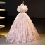 Flower Fairy Charming Blushing Pink Beading Sequins Flower Prom Dresses 2023 Ball Gown High Neck Short Sleeve Backless Floor-Length / Long Formal Dresses