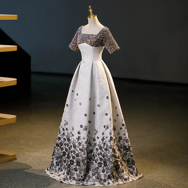 Chic / Beautiful Multi-Colors Sequins Printing Prom Dresses 2023 A-Line / Princess Square Neckline Short Sleeve Backless Floor-Length / Long Prom Formal Dresses