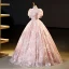 Flower Fairy Charming Blushing Pink Beading Sequins Flower Prom Dresses 2023 Ball Gown High Neck Short Sleeve Backless Floor-Length / Long Formal Dresses