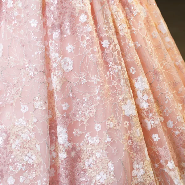 Flower Fairy Charming Blushing Pink Beading Sequins Flower Prom Dresses 2023 Ball Gown High Neck Short Sleeve Backless Floor-Length / Long Formal Dresses
