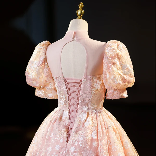 Flower Fairy Charming Blushing Pink Beading Sequins Flower Prom Dresses 2023 Ball Gown High Neck Short Sleeve Backless Floor-Length / Long Formal Dresses