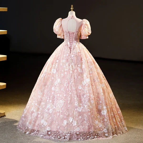 Flower Fairy Charming Blushing Pink Beading Sequins Flower Prom Dresses 2023 Ball Gown High Neck Short Sleeve Backless Floor-Length / Long Formal Dresses