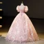 Flower Fairy Charming Blushing Pink Beading Sequins Flower Prom Dresses 2023 Ball Gown High Neck Short Sleeve Backless Floor-Length / Long Formal Dresses