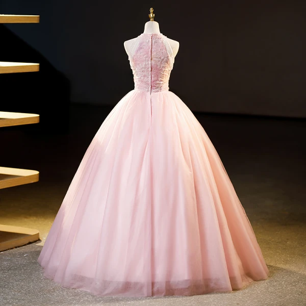 Chic / Beautiful Blushing Pink Beading Sequins Flower Prom Dresses 2023 Ball Gown Scoop Neck Sleeveless Floor-Length / Long Formal Dresses