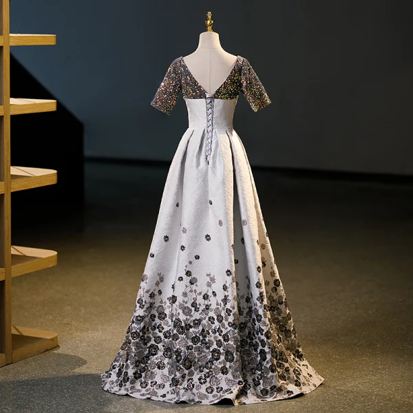 Chic / Beautiful Multi-Colors Sequins Printing Prom Dresses 2023 A-Line / Princess Square Neckline Short Sleeve Backless Floor-Length / Long Prom Formal Dresses