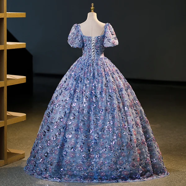 Scintillantes Océan Bleu Perlage Paillettes Robe De Bal 2023 Robe Boule Encolure Carrée Manches Courtes Dos Nu Longue Promo Robe De Ceremonie
