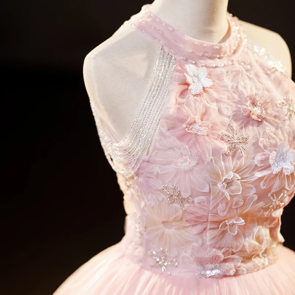 Chic / Beautiful Blushing Pink Beading Sequins Flower Prom Dresses 2023 Ball Gown Scoop Neck Sleeveless Floor-Length / Long Formal Dresses
