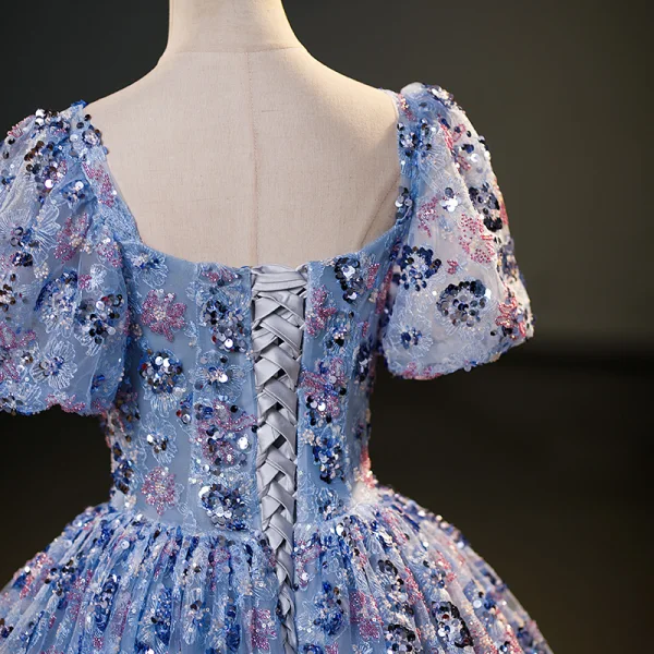 Scintillantes Océan Bleu Perlage Paillettes Robe De Bal 2023 Robe Boule Encolure Carrée Manches Courtes Dos Nu Longue Promo Robe De Ceremonie