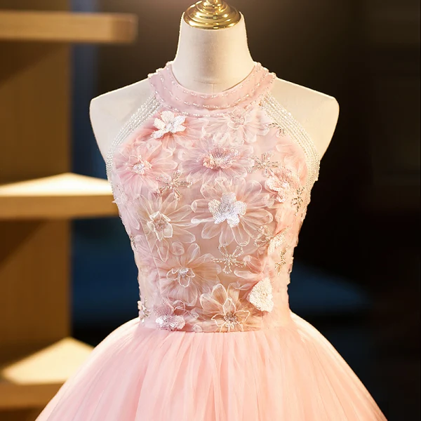 Chic / Beautiful Blushing Pink Beading Sequins Flower Prom Dresses 2023 Ball Gown Scoop Neck Sleeveless Floor-Length / Long Formal Dresses