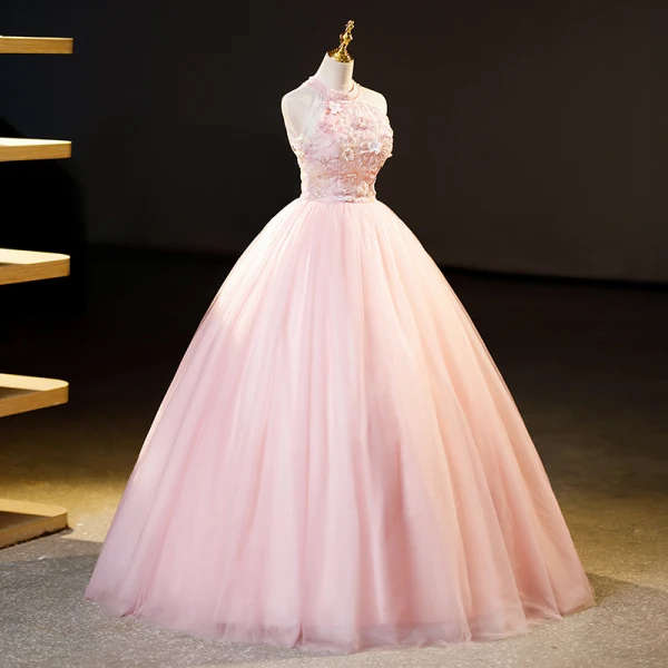 Chic / Beautiful Blushing Pink Beading Sequins Flower Prom Dresses 2023 Ball Gown Scoop Neck Sleeveless Floor-Length / Long Formal Dresses