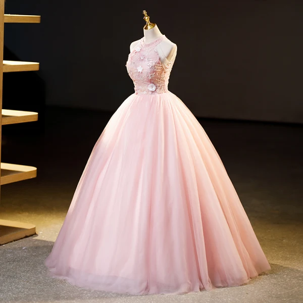 Chic / Beautiful Blushing Pink Beading Sequins Flower Prom Dresses 2023 Ball Gown Scoop Neck Sleeveless Floor-Length / Long Formal Dresses