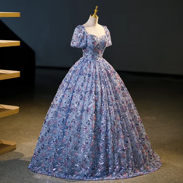 Scintillantes Océan Bleu Perlage Paillettes Robe De Bal 2023 Robe Boule Encolure Carrée Manches Courtes Dos Nu Longue Promo Robe De Ceremonie