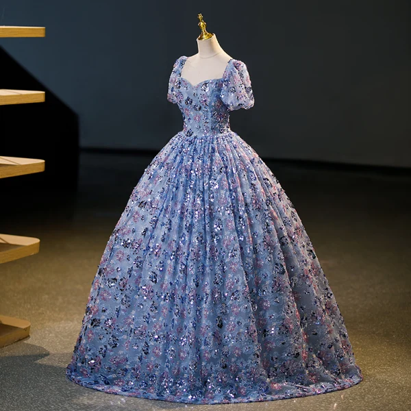 Scintillantes Océan Bleu Perlage Paillettes Robe De Bal 2023 Robe Boule Encolure Carrée Manches Courtes Dos Nu Longue Promo Robe De Ceremonie