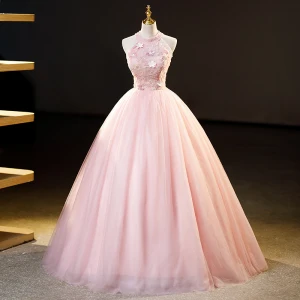 Chic Belle Rougissant Rose Perlage Paillettes Fleur Robe De Bal 2023 Robe Boule Encolure Dégagée Sans Manches Longue Robe De Ceremonie