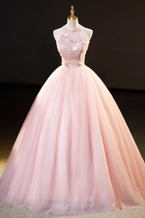 Chic / Beautiful Blushing Pink Beading Sequins Flower Prom Dresses 2023 Ball Gown Scoop Neck Sleeveless Floor-Length / Long Formal Dresses