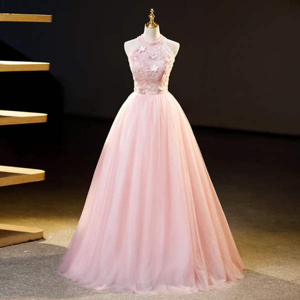 Chic / Beautiful Blushing Pink Beading Sequins Flower Prom Dresses 2023 Ball Gown Scoop Neck Sleeveless Floor-Length / Long Formal Dresses
