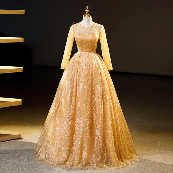 Elegant Gold Beading Sequins Prom Dresses 2023 Ball Gown Scoop Neck Short Sleeve Floor-Length / Long Formal Dresses