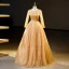 Elegant Gold Beading Sequins Prom Dresses 2023 Ball Gown Scoop Neck Short Sleeve Floor-Length / Long Formal Dresses