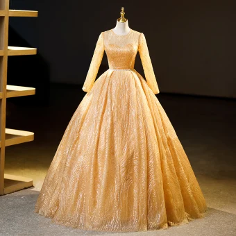 Elegant Gold Beading Sequins Prom Dresses 2023 Ball Gown Scoop Neck Short Sleeve Floor Length Long Formal Dresses