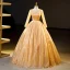 Elegant Gold Beading Sequins Prom Dresses 2023 Ball Gown Scoop Neck Short Sleeve Floor-Length / Long Formal Dresses
