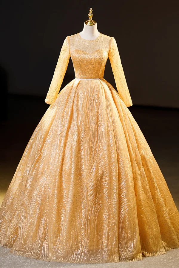 Elegant Gold Beading Sequins Prom Dresses 2023 Ball Gown Scoop Neck Short Sleeve Floor-Length / Long Formal Dresses