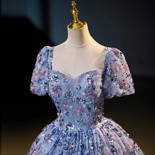 Scintillantes Océan Bleu Perlage Paillettes Robe De Bal 2023 Robe Boule Encolure Carrée Manches Courtes Dos Nu Longue Promo Robe De Ceremonie
