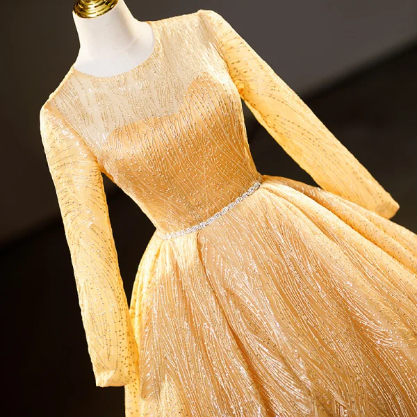 Elegant Gold Beading Sequins Prom Dresses 2023 Ball Gown Scoop Neck Short Sleeve Floor-Length / Long Formal Dresses