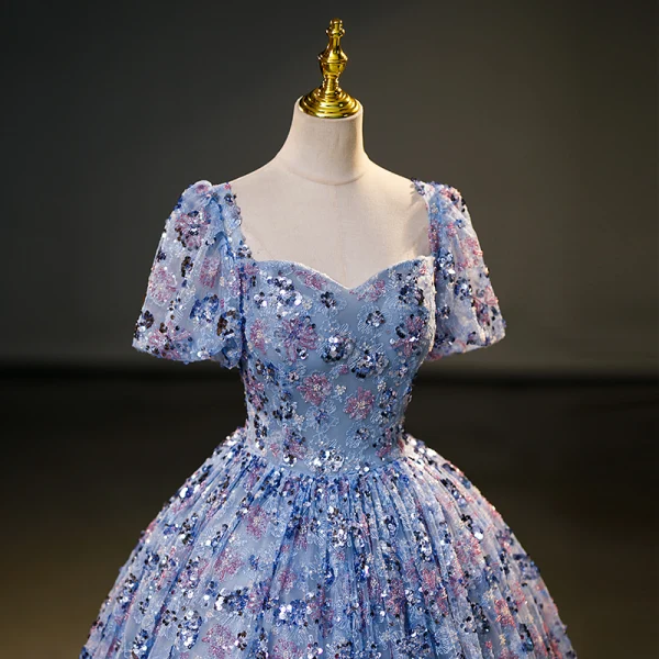 Scintillantes Océan Bleu Perlage Paillettes Robe De Bal 2023 Robe Boule Encolure Carrée Manches Courtes Dos Nu Longue Promo Robe De Ceremonie