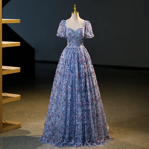 Scintillantes Océan Bleu Perlage Paillettes Robe De Bal 2023 Robe Boule Encolure Carrée Manches Courtes Dos Nu Longue Promo Robe De Ceremonie
