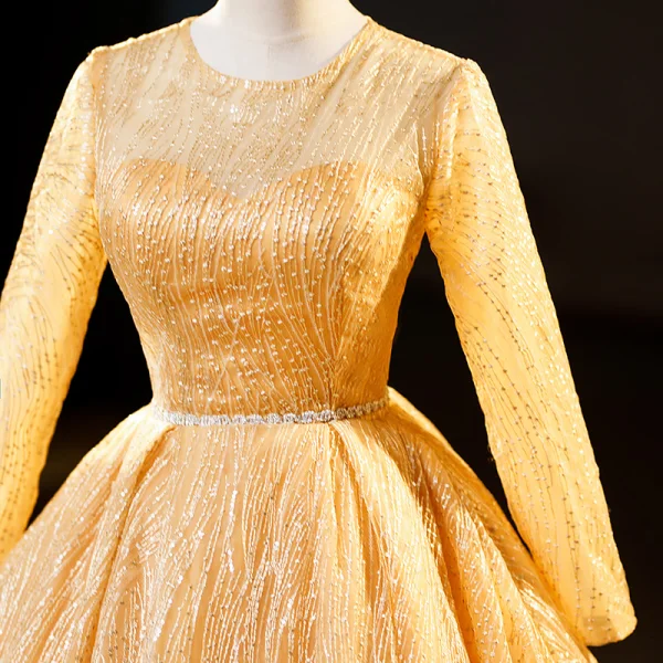 Elegant Gold Beading Sequins Prom Dresses 2023 Ball Gown Scoop Neck Short Sleeve Floor-Length / Long Formal Dresses
