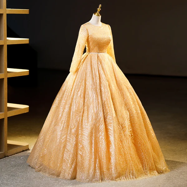 prom dresses 2023 gold Gold Sweetheart Beaded Sparkles Court Train Flowers Prom Dresses main image 0