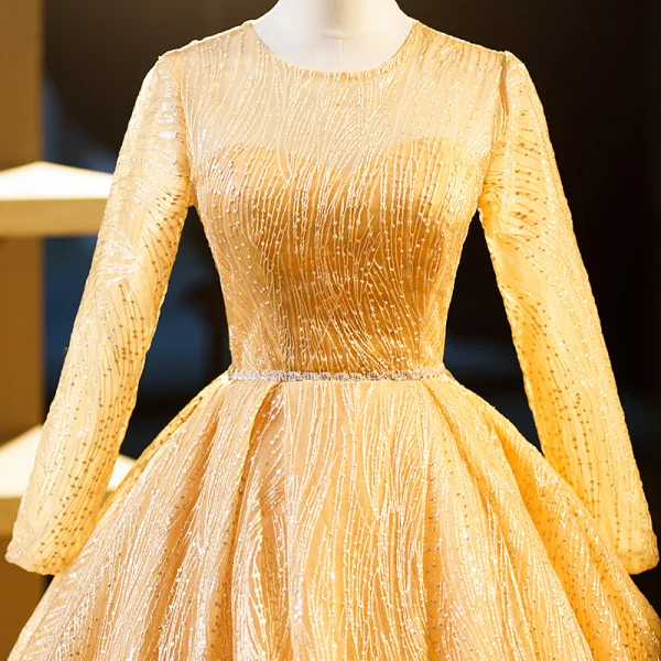 Elegant Gold Beading Sequins Prom Dresses 2023 Ball Gown Scoop Neck Short Sleeve Floor-Length / Long Formal Dresses