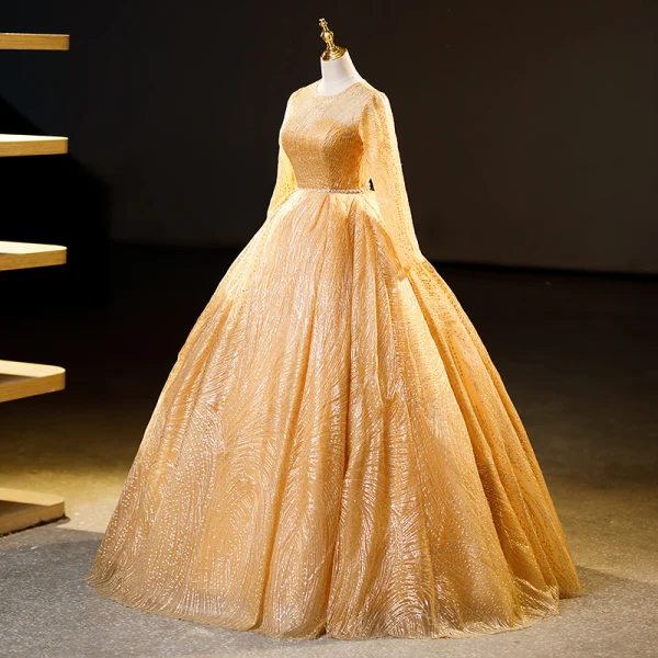 Elegant Gold Beading Sequins Prom Dresses 2023 Ball Gown Scoop Neck Short Sleeve Floor-Length / Long Formal Dresses