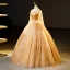 Elegant Gold Beading Sequins Prom Dresses 2023 Ball Gown Scoop Neck Short Sleeve Floor-Length / Long Formal Dresses