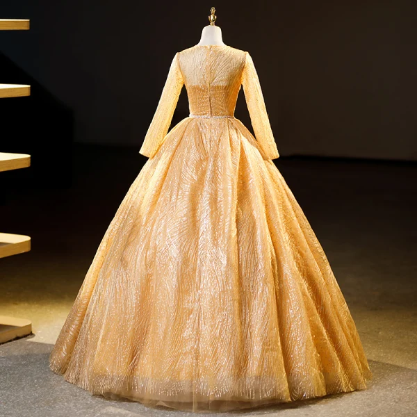 Elegant Gold Beading Sequins Prom Dresses 2023 Ball Gown Scoop Neck Short Sleeve Floor-Length / Long Formal Dresses