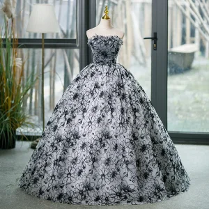 Chic Beautiful Grey Printing Appliques Prom Dresses 2023 Ball Gown Strapless Sleeveless Backless Floor Length Long Formal Dresses