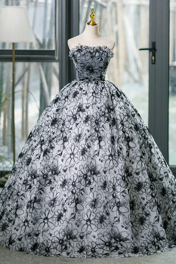 Chic / Beautiful Grey Printing Appliques Prom Dresses 2023 Ball Gown Strapless Sleeveless Backless Floor-Length / Long Formal Dresses