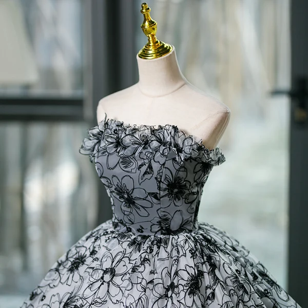 Chic / Beautiful Grey Printing Appliques Prom Dresses 2023 Ball Gown Strapless Sleeveless Backless Floor-Length / Long Formal Dresses