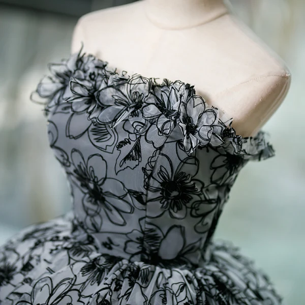 Chic / Beautiful Grey Printing Appliques Prom Dresses 2023 Ball Gown Strapless Sleeveless Backless Floor-Length / Long Formal Dresses