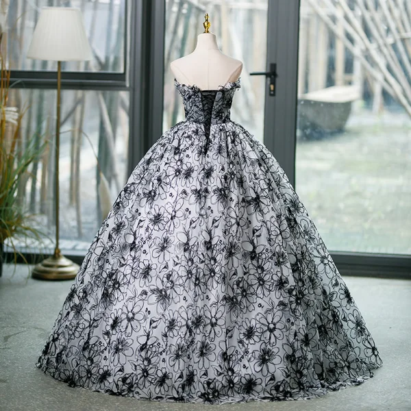 Chic / Beautiful Grey Printing Appliques Prom Dresses 2023 Ball Gown Strapless Sleeveless Backless Floor-Length / Long Formal Dresses