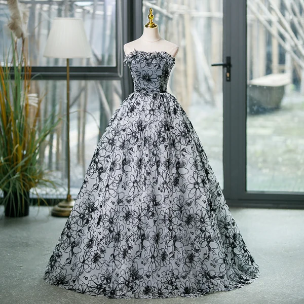 Chic / Beautiful Grey Printing Appliques Prom Dresses 2023 Ball Gown Strapless Sleeveless Backless Floor-Length / Long Formal Dresses