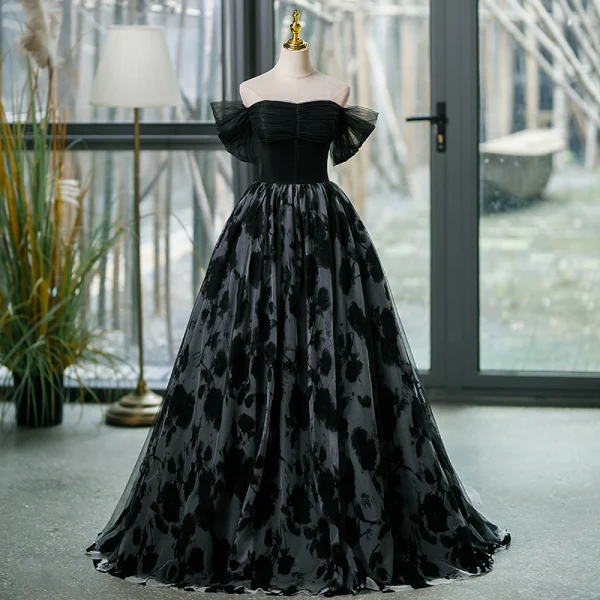 Elegant Black Prom Dresses 2023 Ball Gown Off-The-Shoulder Short Sleeve Backless Floor-Length / Long Formal Dresses
