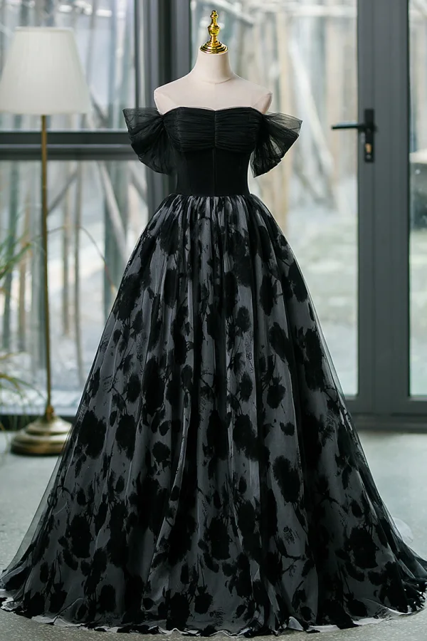 Elegant Black Prom Dresses 2023 Ball Gown Off-The-Shoulder Short Sleeve Backless Floor-Length / Long Formal Dresses