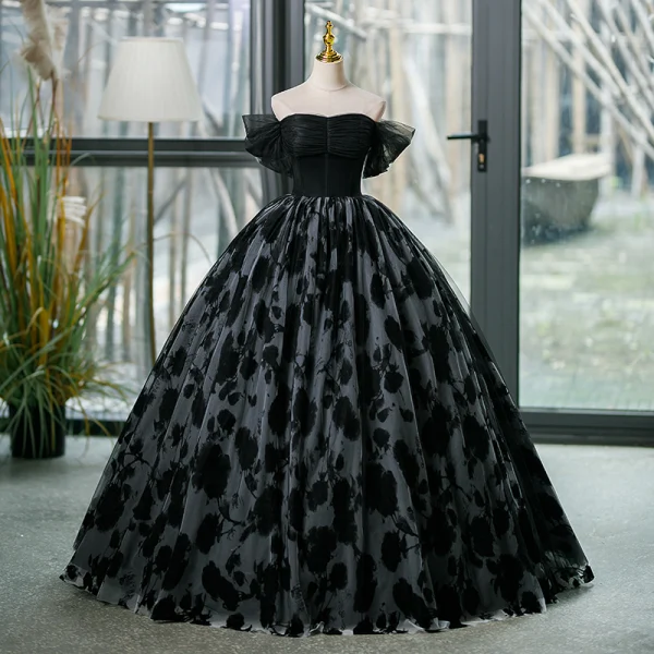 Elegant Black Prom Dresses 2023 Ball Gown Off-The-Shoulder Short Sleeve  Backless Floor-Length / Long Formal Dresses