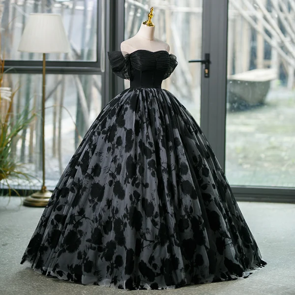 Elegant Black Prom Dresses 2023 Ball Gown Off-The-Shoulder Short Sleeve Backless Floor-Length / Long Formal Dresses