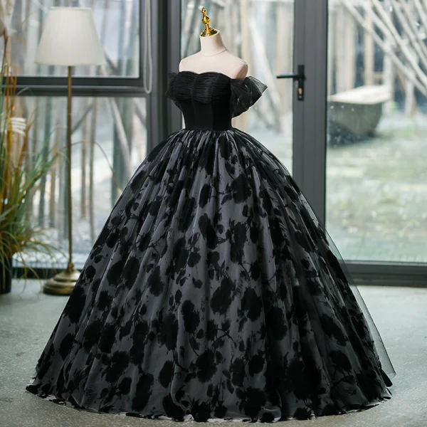Elegant Black Prom Dresses 2023 Ball Gown Off-The-Shoulder Short Sleeve Backless Floor-Length / Long Formal Dresses