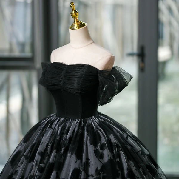 Elegant Black Prom Dresses 2023 Ball Gown Off-The-Shoulder Short Sleeve Backless Floor-Length / Long Formal Dresses