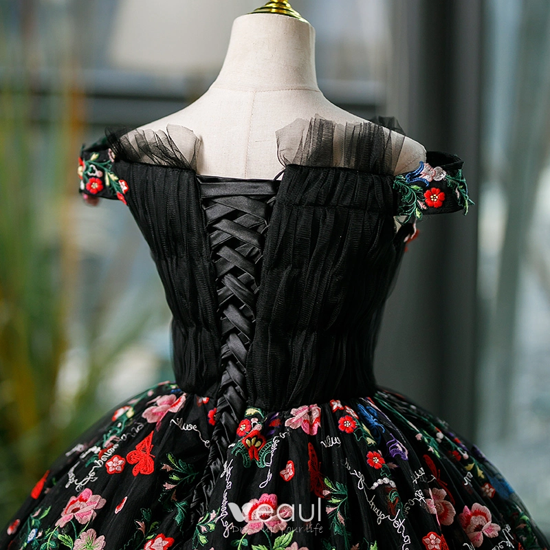 strapless open back dress Black Prom Dresses Spaghetti Straps Red Flowers Long Prom Dress Sexy E –  Anna PromDress main image 1